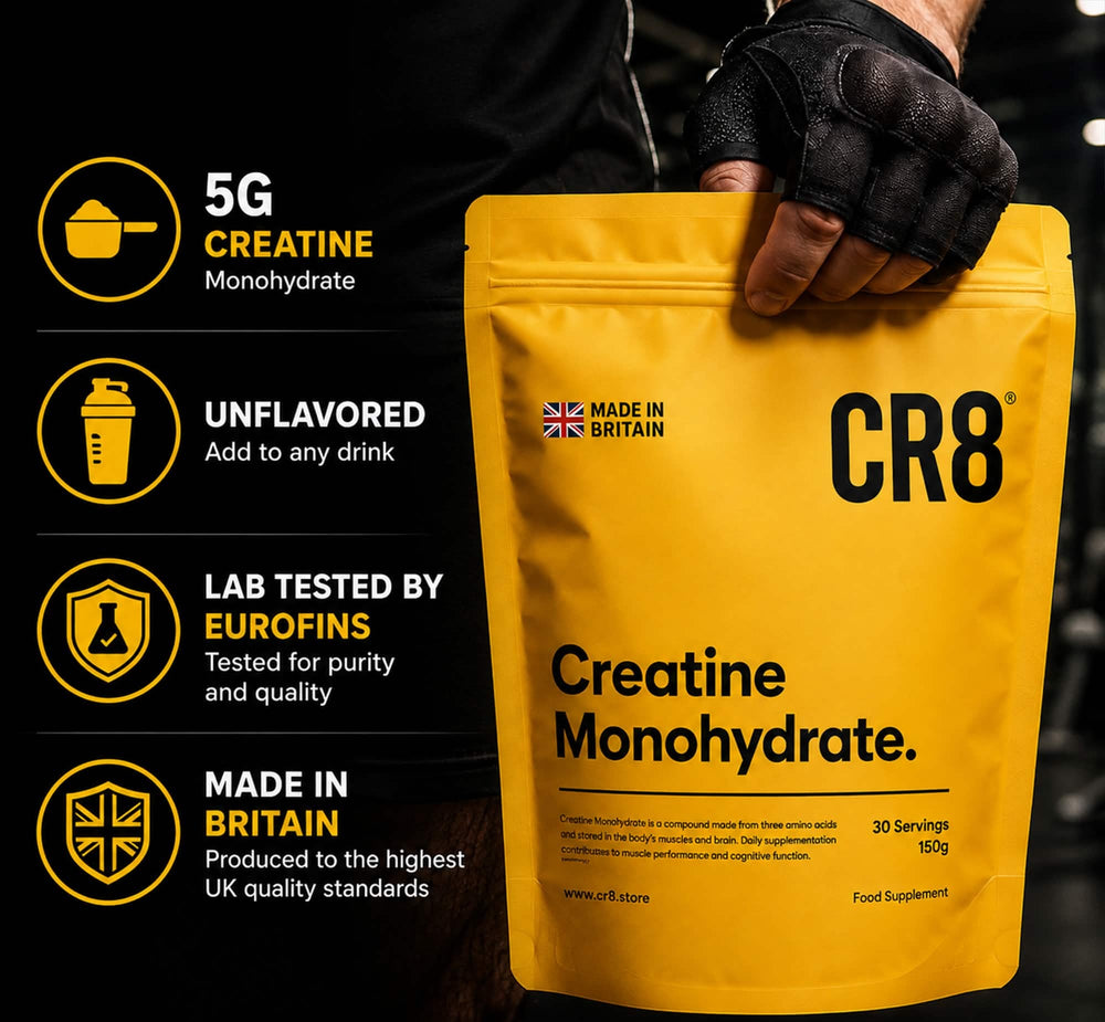 CR8 Creatine Monohydrate pouch held in a gym, key facts: 5g creatine, unflavoured, lab tested by Eurofins, made in Britain