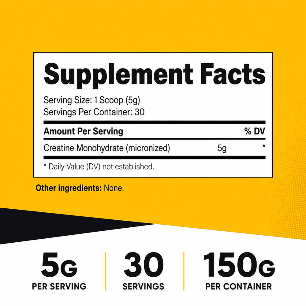 CR8 Creatine Monohydrate supplement facts: 5g micronised creatine monohydrate per serving, 30 servings, 150g, no other ingredients